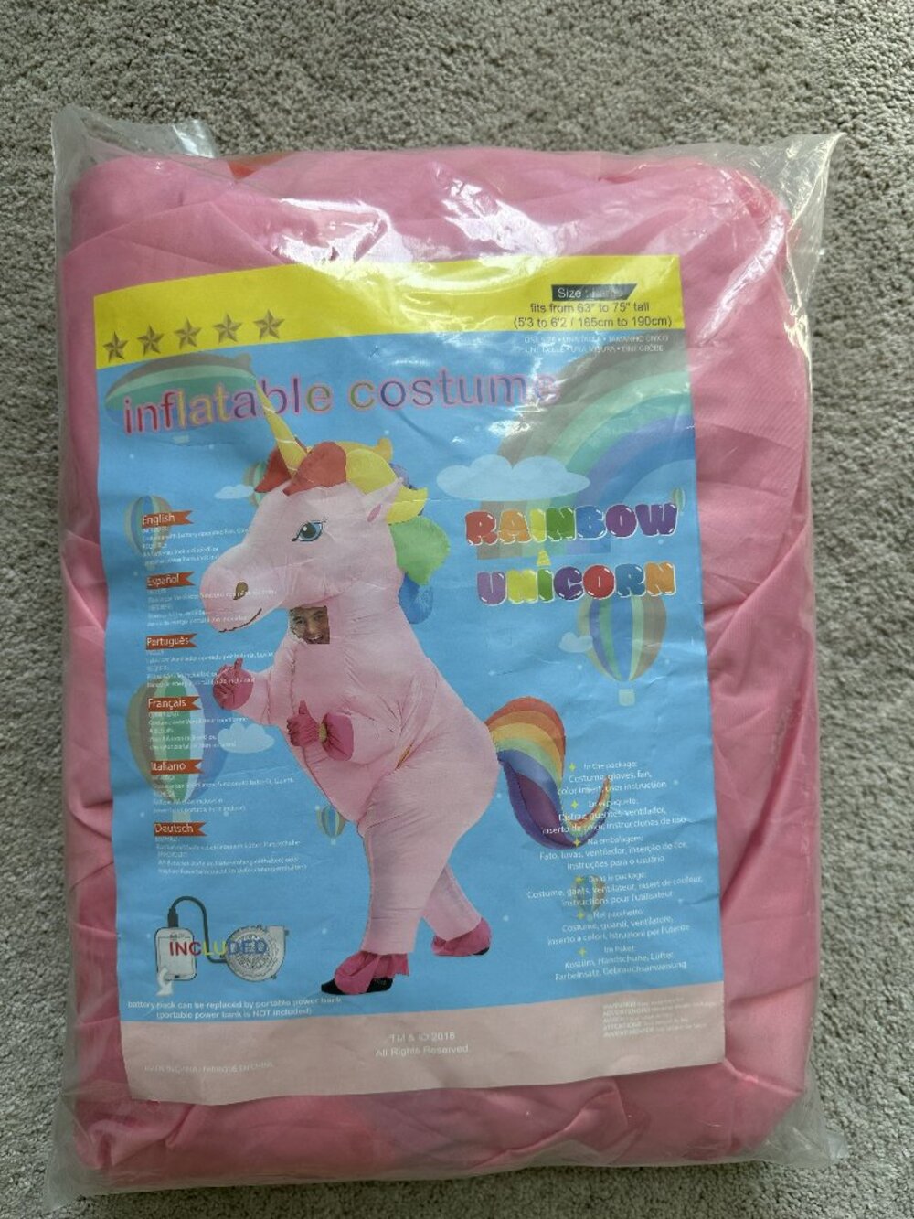 NIP Inflatable Rainbow Unicorn Costume Adult Large